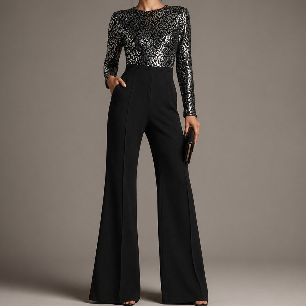 Black Halo Lazaro Sequin Leopard Jumpsuit Silver Black Wide Leg Womens 6